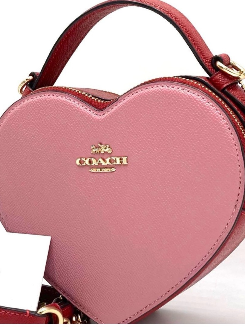COACH Pink Heart-Shaped Mini Top Handle Bag with Red Trim